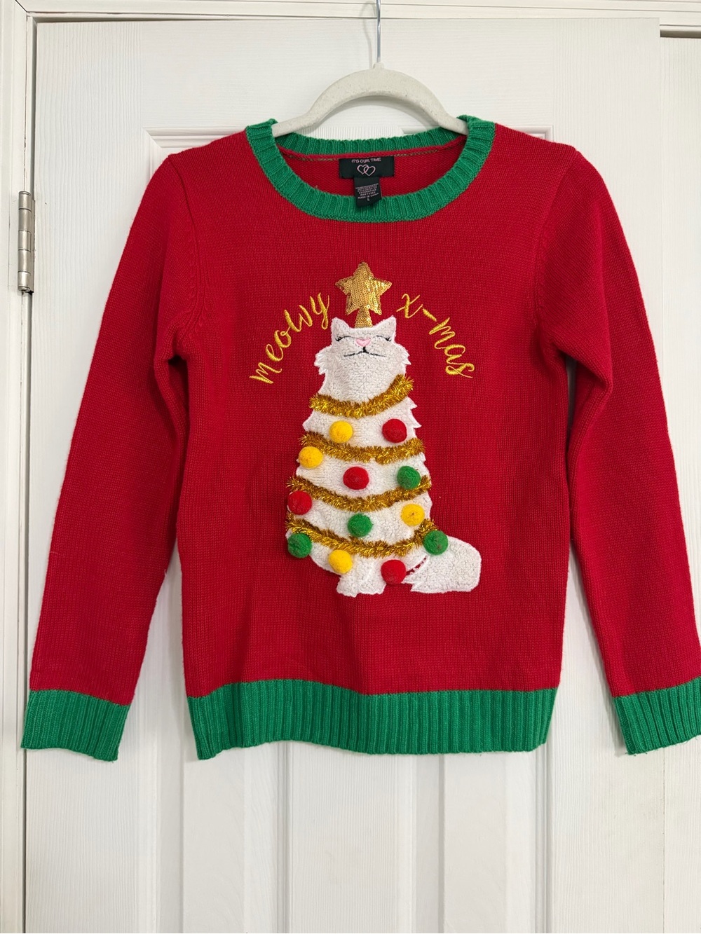 Meowy Xmas cat sweater girls large Christmas holiday textured puff balls